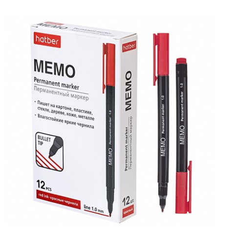 Маркер, Hatber.Memo, 1 мм, закругленный пищущий узел, красный цвет, PM_072614