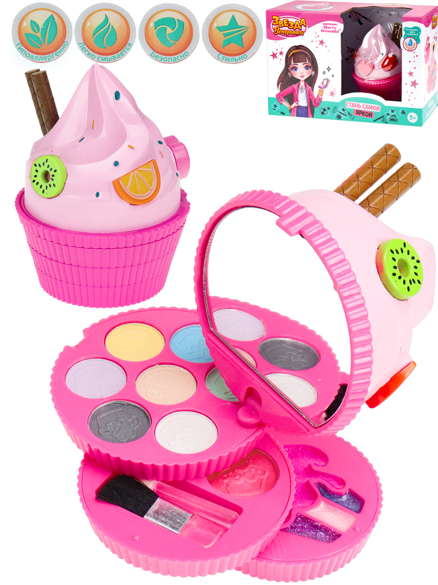 Набор детской косметики, ( сухие тени, блеск для губ, румяна, зеркало, аппликатор, кисть), КС-8696