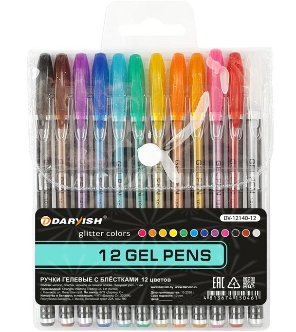 Набор гелевых ручек 12 цв. Darvish с блестками, 1,0 мм, европодвес, DV-12140-12