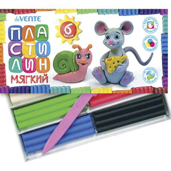 Пластилин, 6 цв. 'deVENTE' мягкий восковой, со стеком 90 г, 8042800