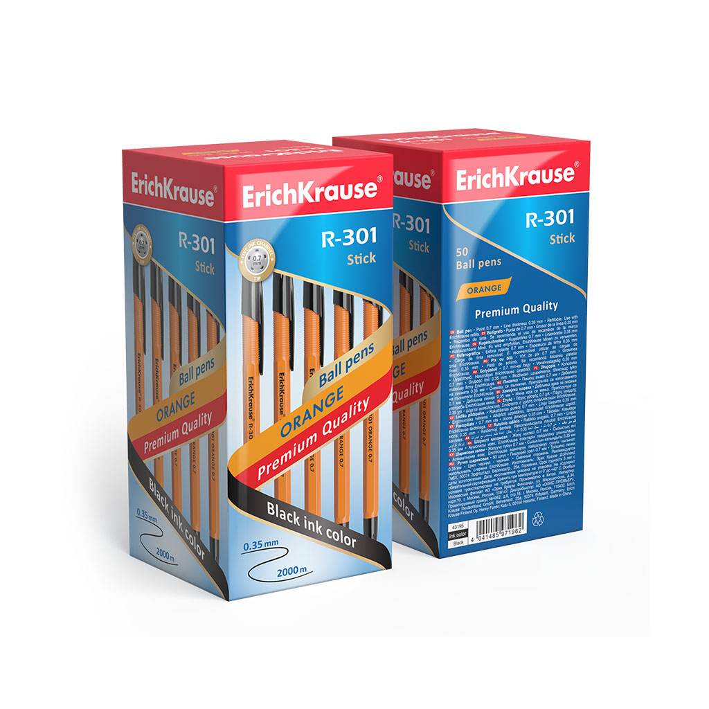 Ручка шариковая ErichKrause 'R-301', черный, 0.7 мм, корпус желтый, 43195
