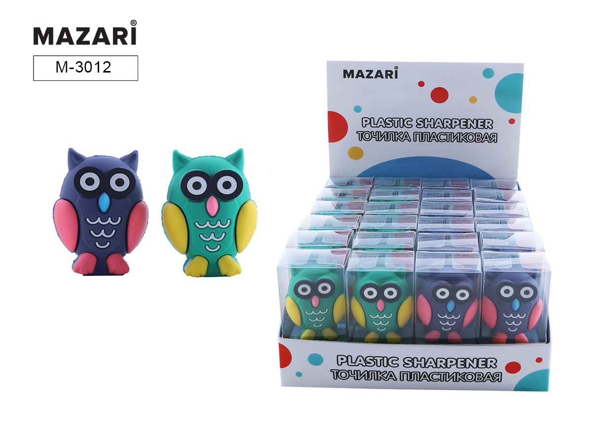 Точилка пластиковая OWL, 1 отверстие для заточки, ассорти 2 цвета, ПВХ-упаковка, M-3012
