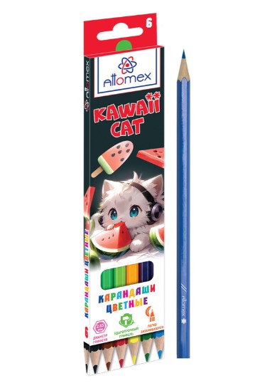 Карандаши цветные 'Attomex. Kawaii Cat' 06 цветов, М, диаметр грифеля 2,65 мм, шестигранные, 5021540