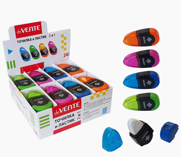 Точилка и ластик 2 в 1 'deVENTE. Monsters' 1 отверстие, пластиковая цветная с контейнером, 8031100