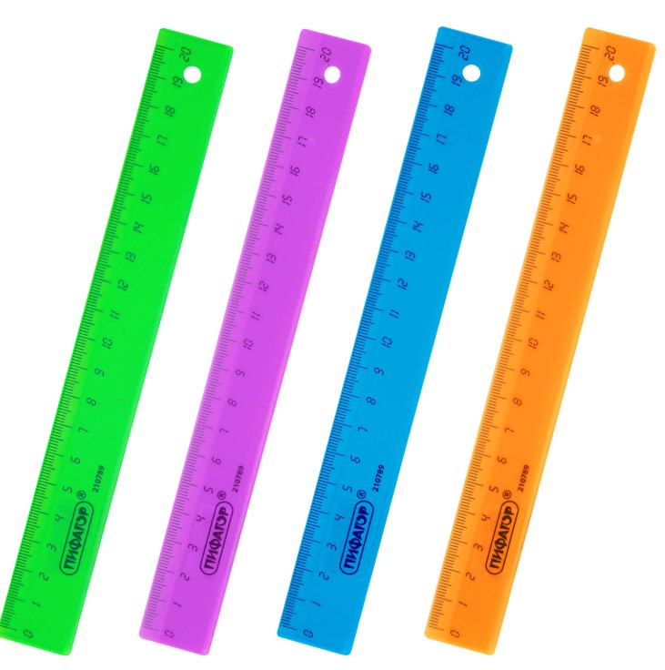 Линейка пластиковая 20 см ПИФАГОР, прозрачная, неоновая, ассорти, 210789