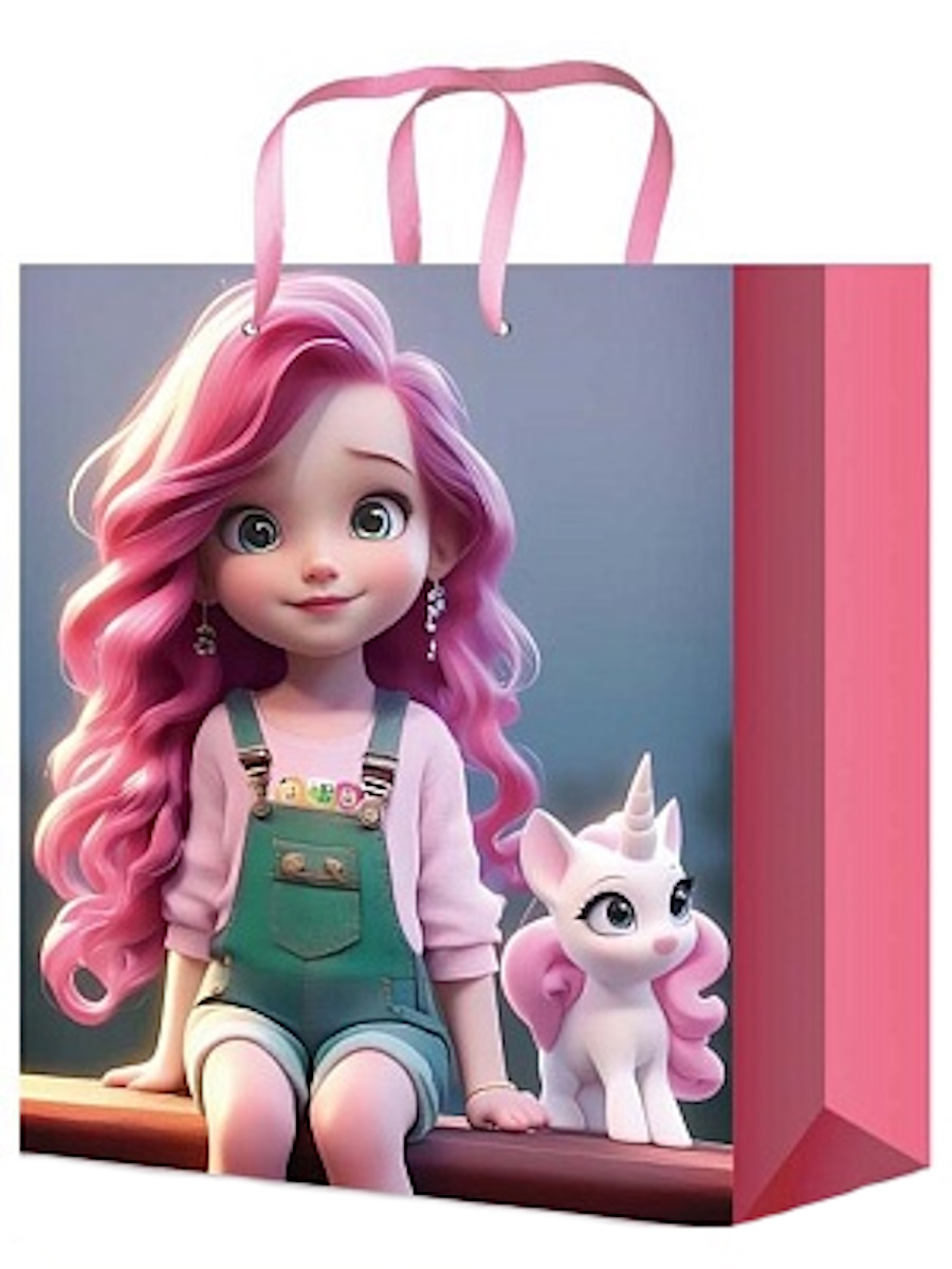 Пакет подарочный 18x23x8 см, (М), Розоволосая девочка с единорогом,128 г, ПКП-0337