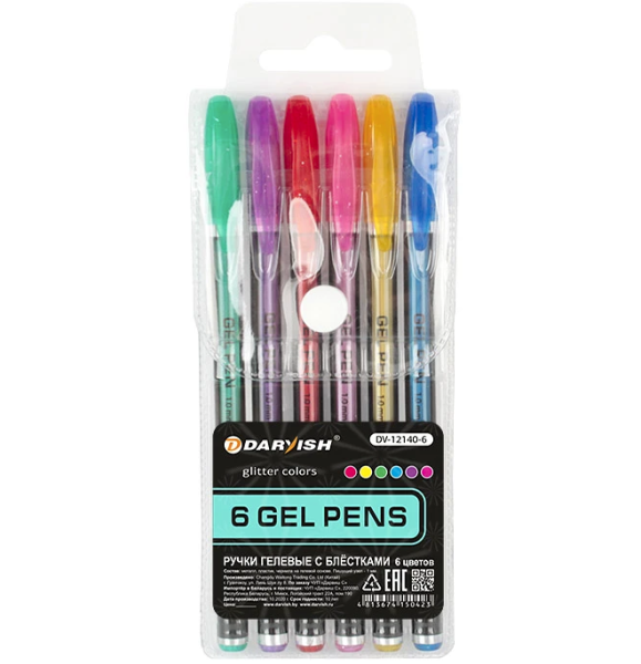 Набор гелевых ручек 6 цв. Darvish c блестками, 1,0 мм, европодвес, DV-12140-6