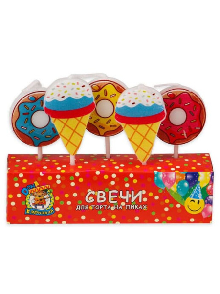 Свечи для торта на пиках ,'Пончики и мороженое', (5 шт;уп), пластик уп., европодвес, С-6013