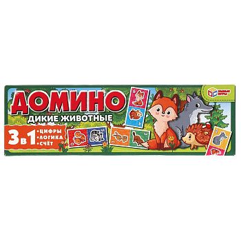 Дикие животные.  Домино пластиковое. 3в1. Коробка 175х55 мм.