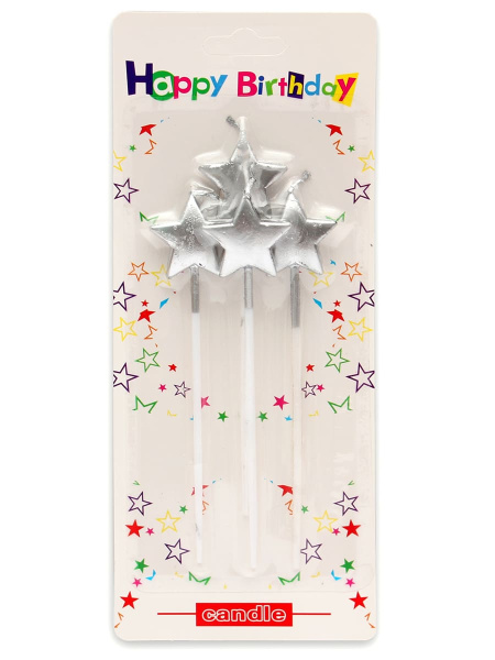 Свечи для торта на длинных пиках 'Серебряные звёзды', 4 шт., Миленд, картон. уп., европодвес, С-2465