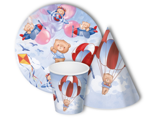 Набор для праздника Мишки в полете (тарелки, стаканы, колпаки по 6 шт), НП-2139